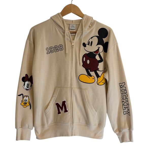DISNEY Hoodie Ivory Mickey Minnie Fleece Chenille Patch Disneyland Retro | XS - Picture 2 of 12
